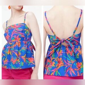 J.Crew Factory Floral Peplum Top Size 2 Royal Blue Pink Tie Spaghetti Strap